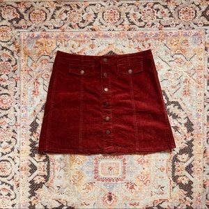 red corduroy button down skirt